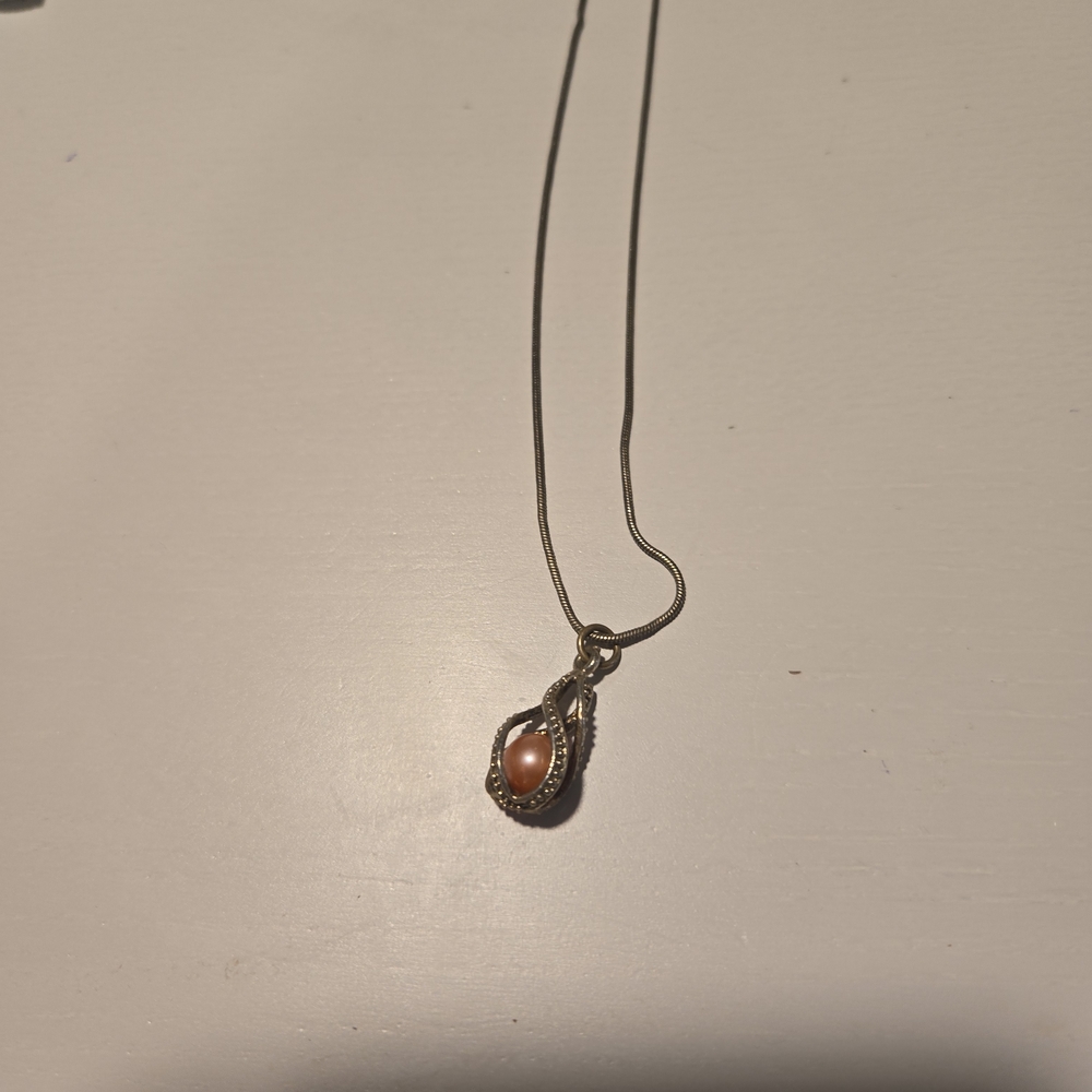 Silver Teardrop Pendant Necklace with Peach Pearl Accent